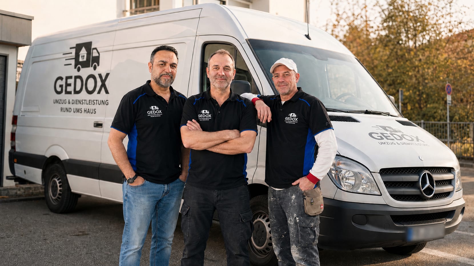 Das GEDOX-Team vor dem Mercedes-Sprinter mit GEDOX-Logo – Inhaber Semih Özcan mit seinen Kollegen
