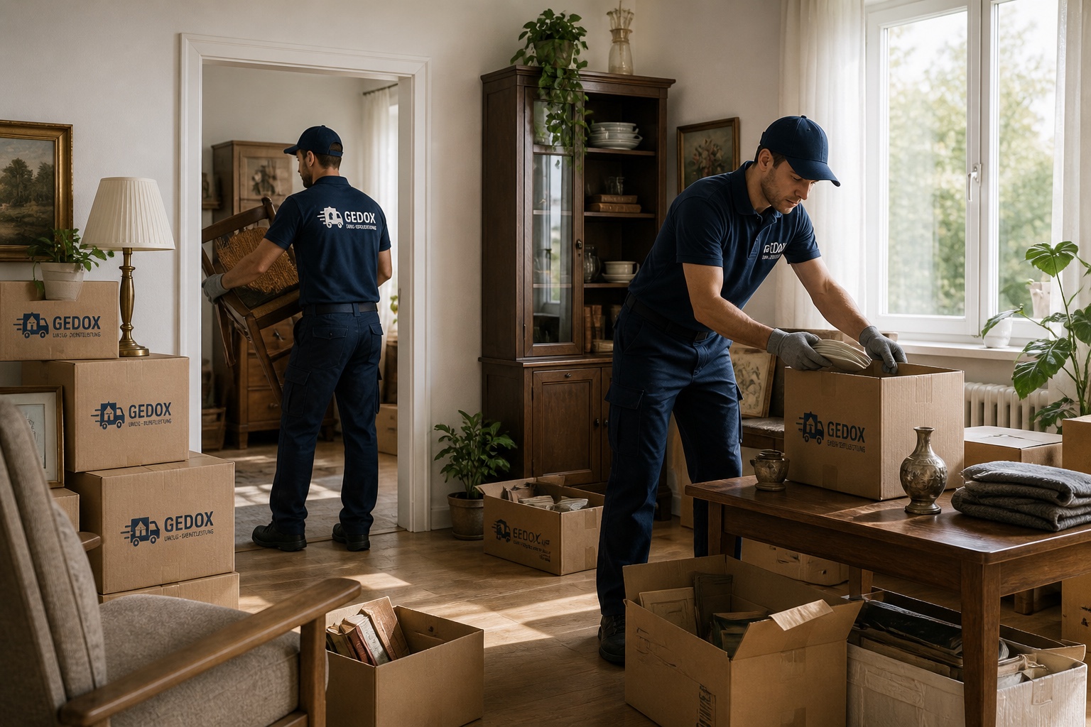 GEDOX-Mitarbeiter packen Geschirr und Möbel bei einer Haushaltsauflösung in einer Wohnung